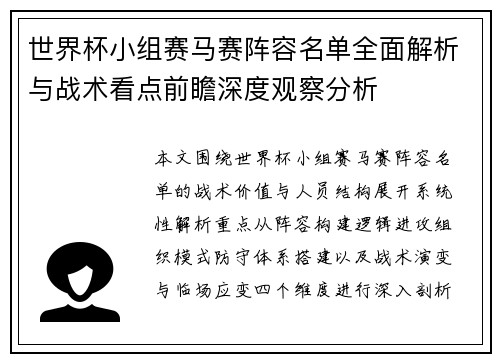 世界杯小组赛马赛阵容名单全面解析与战术看点前瞻深度观察分析